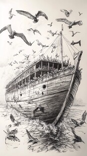 海上古船与群鸟共舞画面