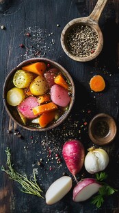 碗中多彩蔬菜与香料组合