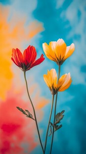 三色花朵绽放梦幻背景