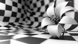 黑白棋格背景中的素雅花朵