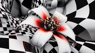 黑白格间绽放的奇幻花朵