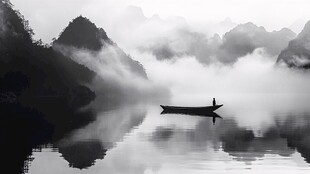 水墨山水间的孤舟渔影