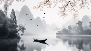 水墨山水间的孤舟逸景