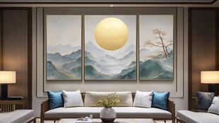 中式客厅的山水圆月挂画