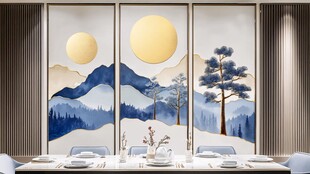 新中式山水屏风餐厅装饰画