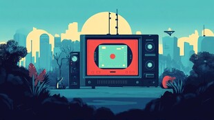 复古电视前的未来城市景观