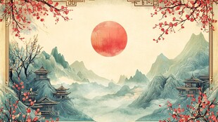 中式山水红日古风美景图