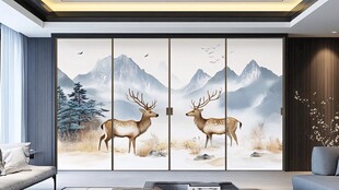 中式山水麋鹿移门装饰画