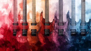 多彩电吉他的梦幻水彩图景