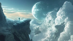 人立悬崖望天际巨月