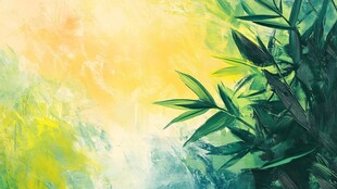 梦幻绿意竹林水彩画