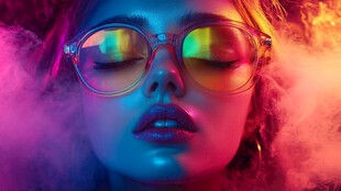 梦幻炫光下的时尚眼镜女郎