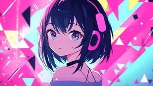 酷萌耳机少女 缤纷几何背景