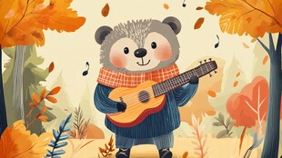 刺猬秋日弹吉他的温馨场景