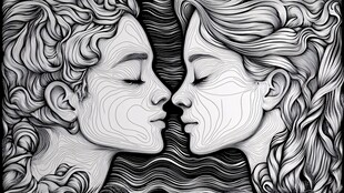 情侣亲密瞬间线条艺术画