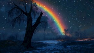 夜中孤树伴彩虹星空