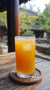 木质桌上的冰爽橙色饮品