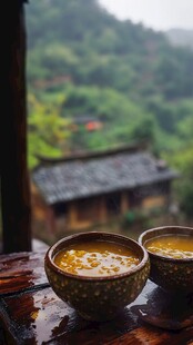 窗边两碗热汤赏雨景
