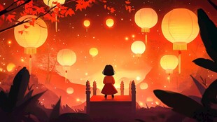 女孩赏景放天灯的梦幻夜