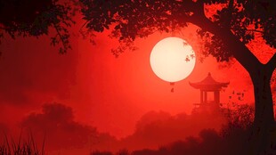 红日映亭 树影绰约意境美