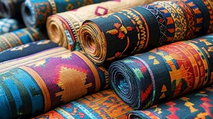 多彩民族风地毯整齐堆叠