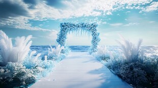 梦幻蓝色海边婚礼通道场景