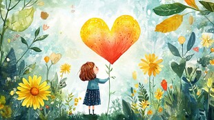 女孩在花丛中放飞爱心气球