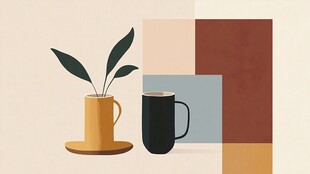 简约风绿植与咖啡杯插画