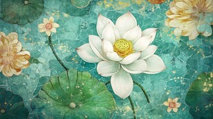水墨风绽放的清新白莲花