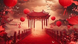 中式古风喜庆亭台楼阁图景