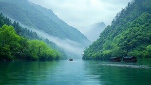 青山绿水间的江上轻舟