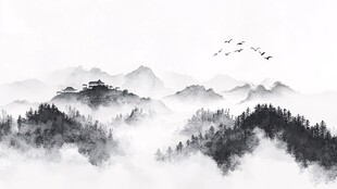 水墨山水间 飞鸟伴古建
