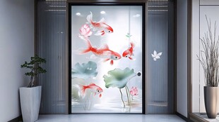 中式玄关锦鲤荷花艺术玻璃