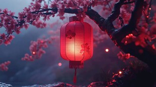 红灯笼映粉花枝