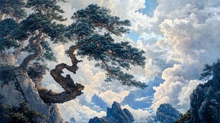 悬崖苍松伴云海壮景