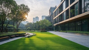 现代建筑旁的翠绿草坪景观
