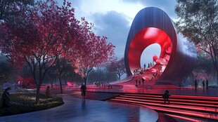 梦幻红色建筑旁的浪漫景致