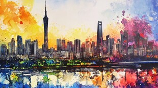 水彩绘就的绚丽城市天际线