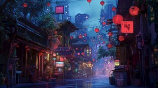赛博朋克风的中式幻彩街巷