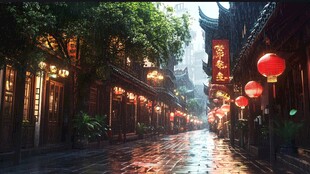 古巷夜景 红灯映照的静谧