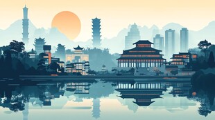 古韵城市湖畔夕阳美景