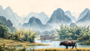田园山水间的悠然水牛景