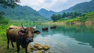 河畔耕牛 青山绿水田园景