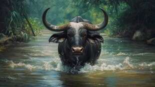 水中奔行的长角水牛