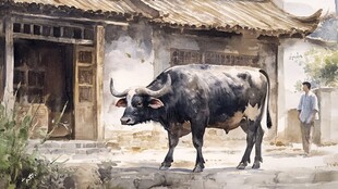 乡村老牛与古朴民居画面