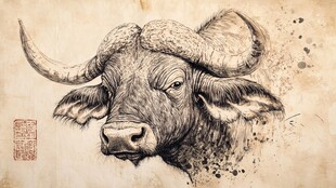 水墨风格水牛头部素描图