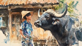 乡村少年与牛的温馨画面