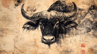 水墨风水牛头像艺术画