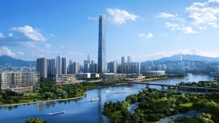 现代都市河畔壮丽天际线