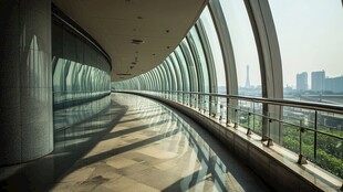 弧形玻璃走廊的城市景致